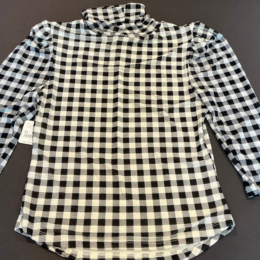 Free People Gather Turtleneck Top Black Combo Gingham Mesh Puff Sleeve M NWT - Picture 5 of 14